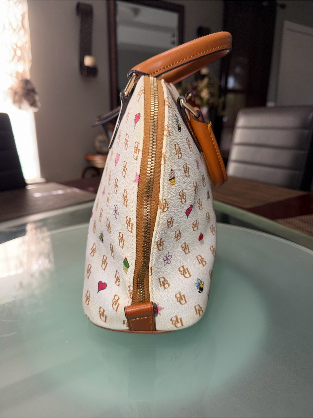 Dooney & Bourke White Satchel with Tan Trim and Multicolor Accents - Picture 6 of 11